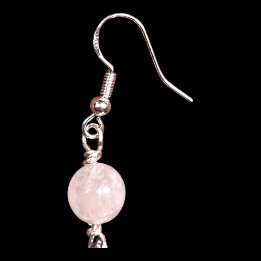 Broken China Floral Earrings W/ 925 Hooks & Silver Blend Bezel With Rose Quartz - Picture 5 of 14